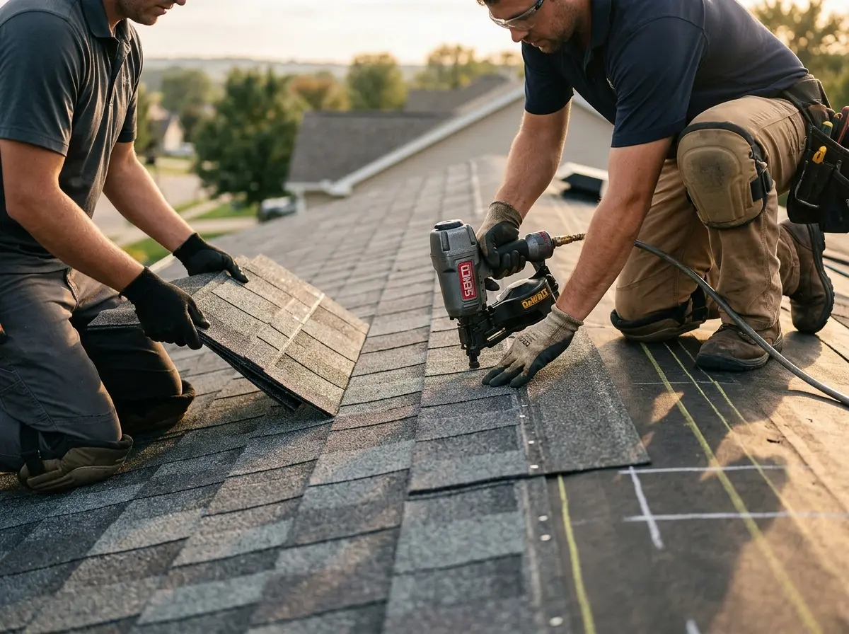 Professional roofer working on a residential roof in Pecan Grove
